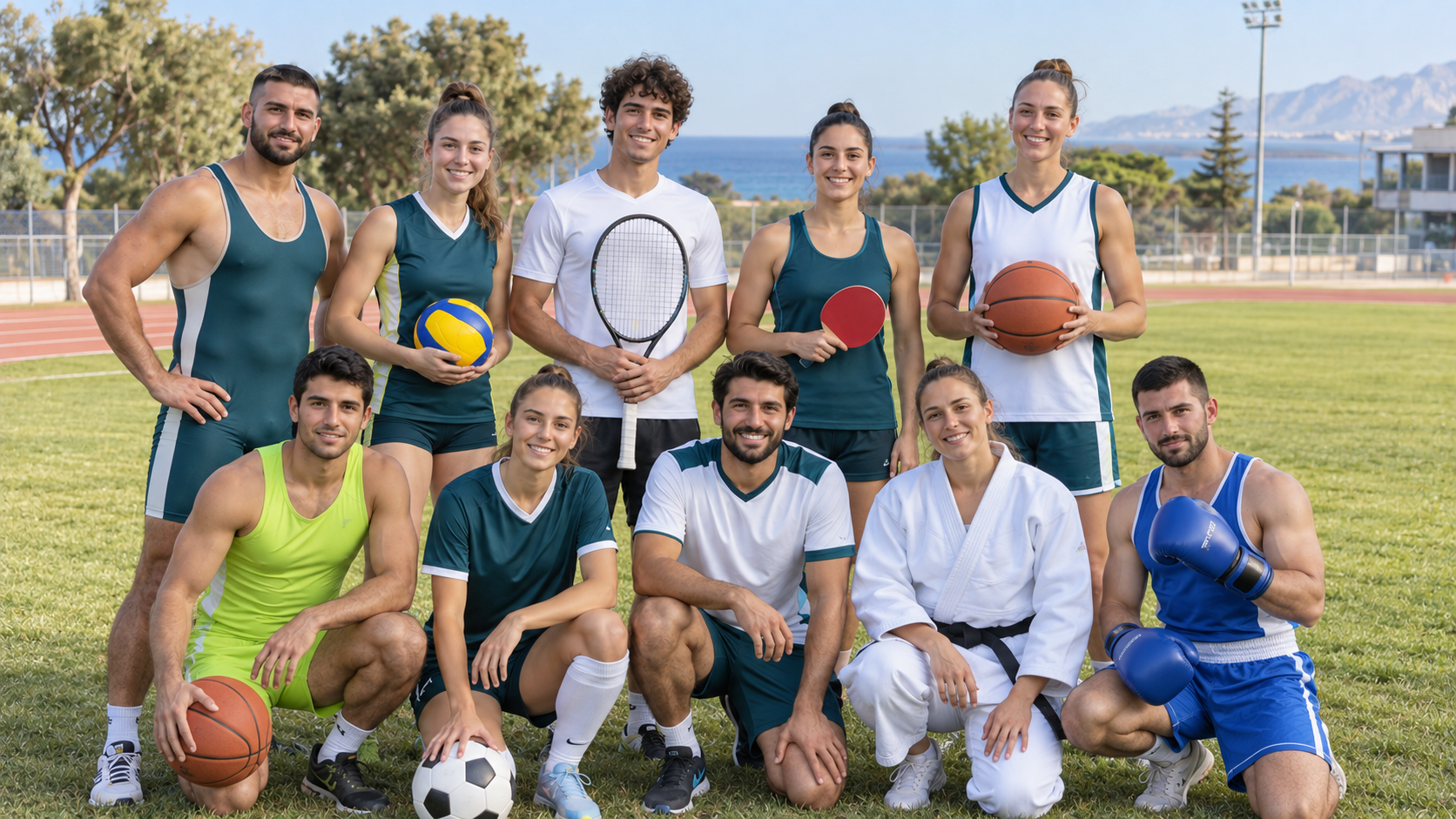 Futbol, basketbol, voleybol, güreş, tenis, masa tenisi, judo ve bokstan on sporcunun açık sahada toplu fotoğrafı; temsili görsel